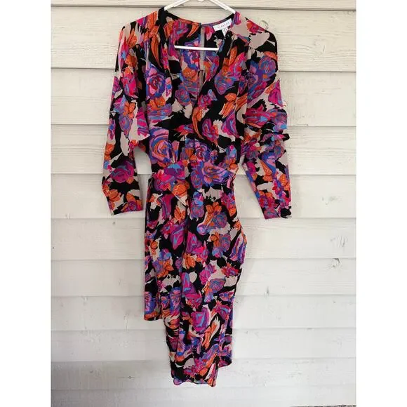 Topshop Floral Midi Wrap Dress Long Sleeve Black Pink Orange Belted Size US 2 - Picture 2 of 9